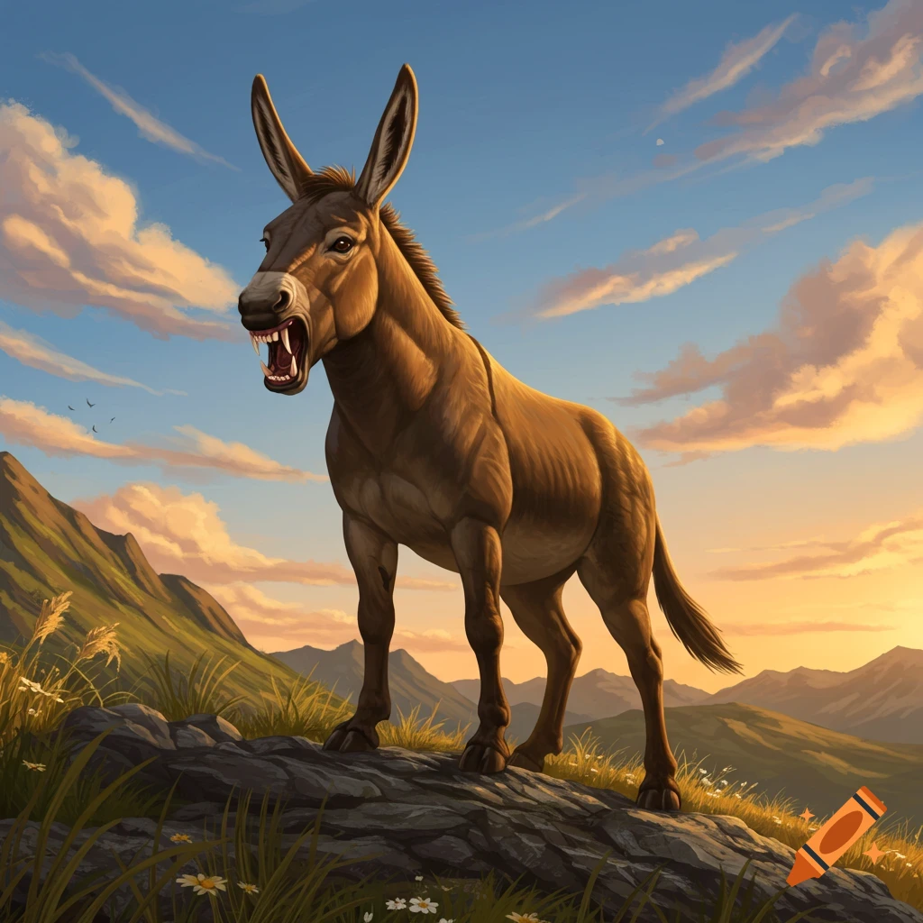 A mule with wolf's teeth stands on a rocky hill under a dramatic sunset sky with mountains in the background.