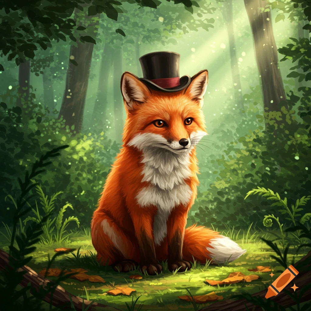 A cute illustrated red fox wearing a top hat sits in a sunlit green forest.