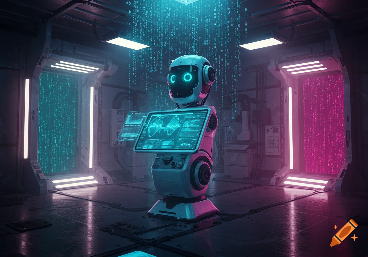 A white robot with glowing blue eyes stands in a futuristic laboratory with digital code raining down from the ceiling and data displayed on its chest screen.
