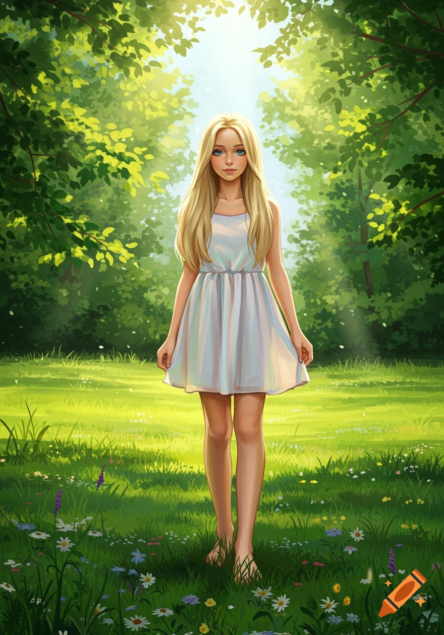 A blonde girl in a white dress stands in a sunny forest clearing with green grass and wildflowers, in a digital art style.