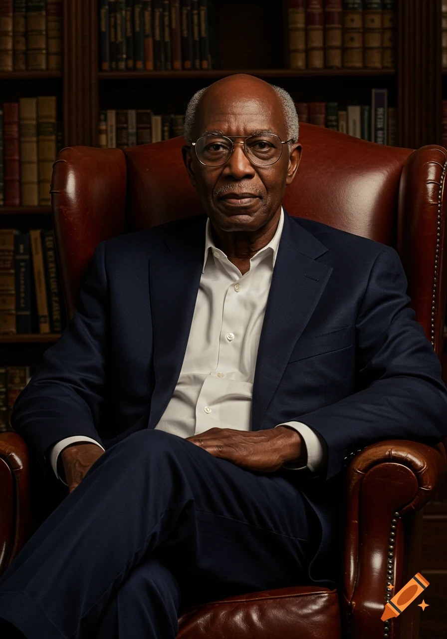 An elderly African American man with glasses sits in a brown leather armchair in a library.