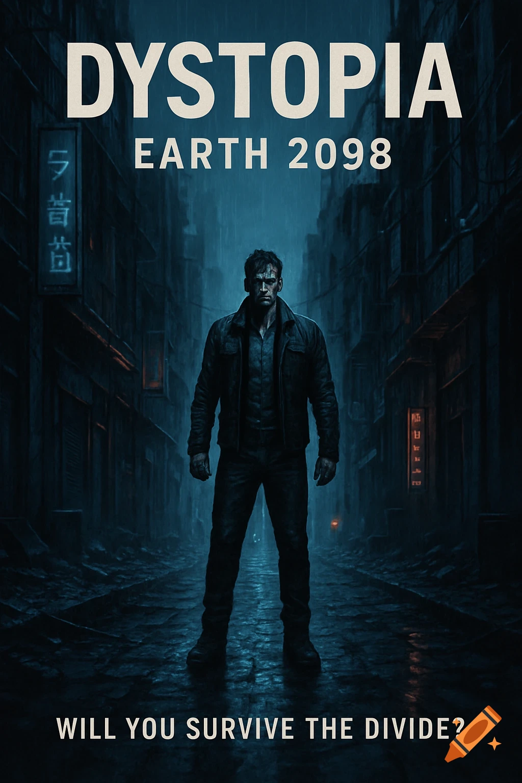 A determined man in a leather jacket stands in a dark, rainy dystopian city street. Text reads 'Dystopia Earth 2098' and 'Will You Survive the Divide?'