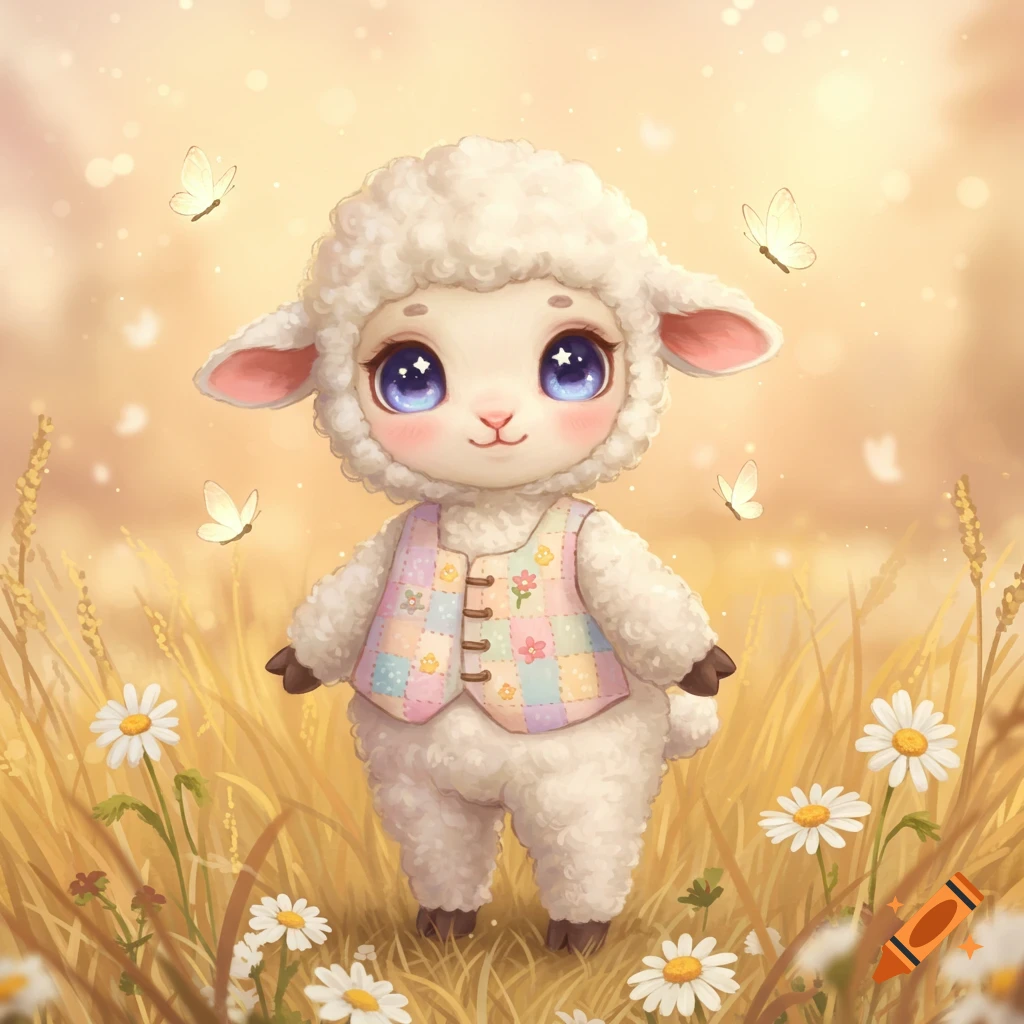 A cute chibi anthropomorphic lamb wearing a patchwork vest stands in a sunlit field with daisies and butterflies.