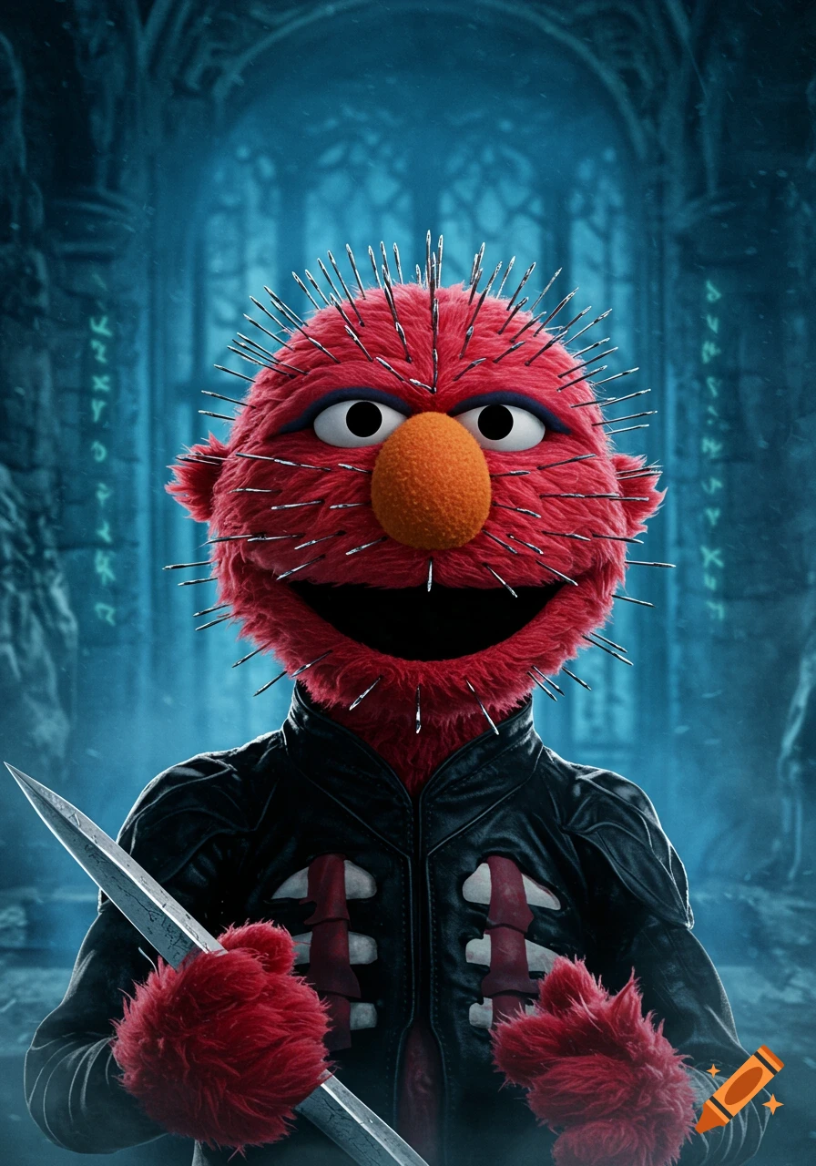Elmo dressed as Pinhead, covered in pins, wearing black leather and holding a knife, stands in a dark, gothic chamber.