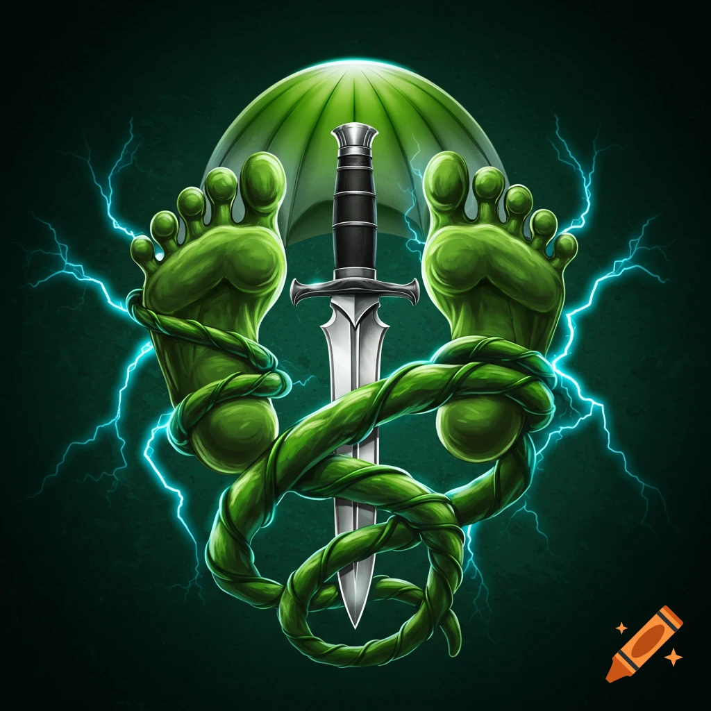A digital illustration of two large, green, stylized feet wrapped in thick green vines, positioned on either side of a silver dagger. A green umbrella-like shape glows above, and electric blue lightning bolts emanate from behind the feet against a dark green background.