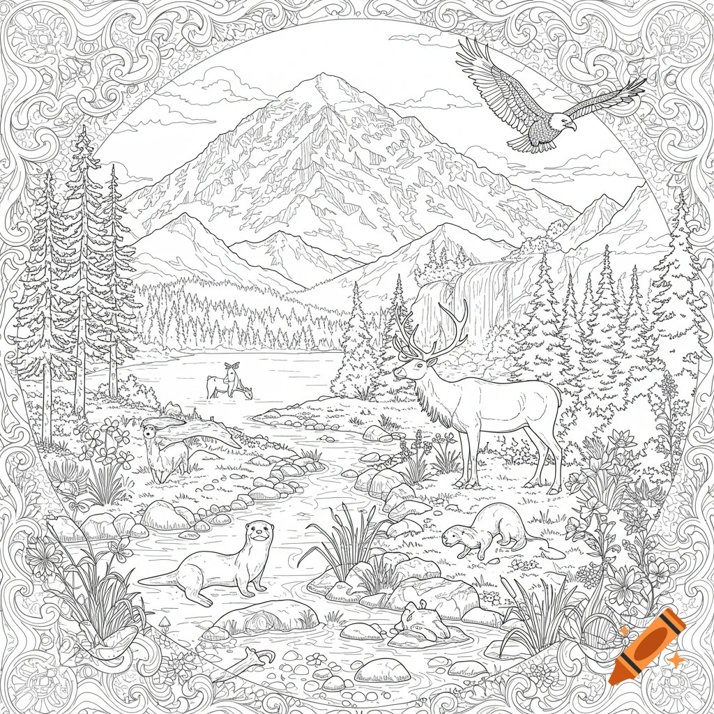 A detailed line art coloring book drawing of a mountain landscape with a river, lake, waterfall, trees, an elk, deer, otters, and an eagle flying.