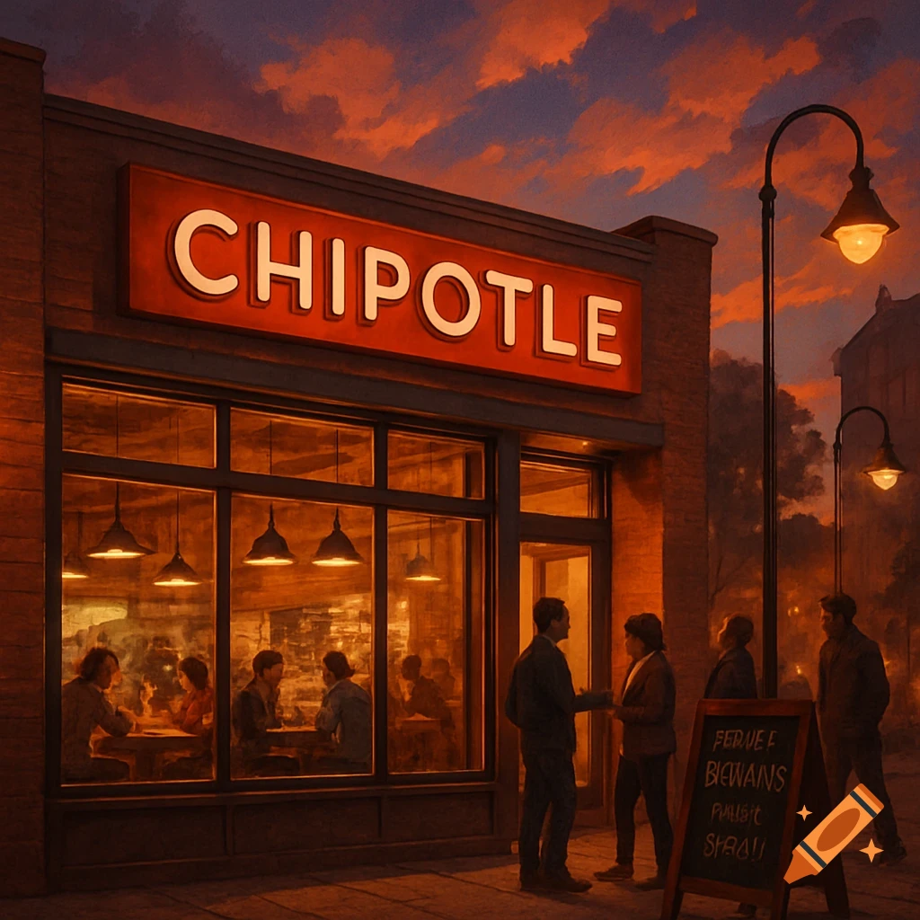 A Chipotle restaurant at dusk with its neon sign glowing, people are dining inside and standing outside under streetlights.