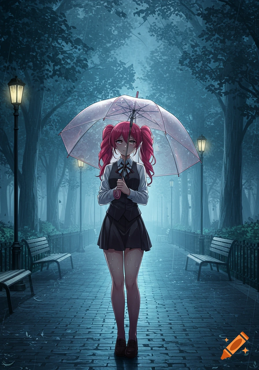 An anime girl with pink pigtails, dressed in a school uniform, stands in a rainy park holding a clear umbrella. Lampposts illuminate the wet cobblestone path.