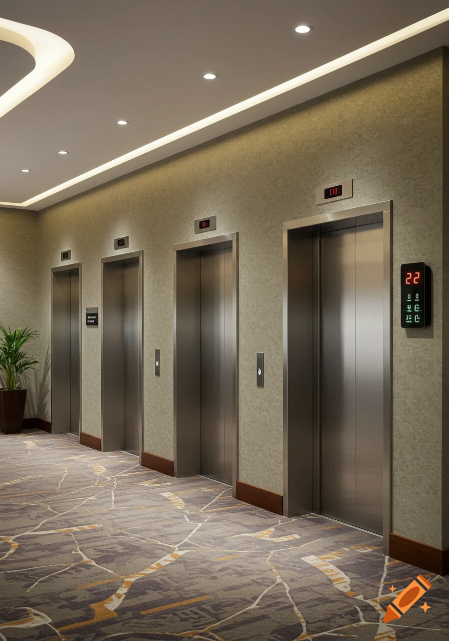 A modern hotel elevator lobby with four stainless steel elevators, patterned carpet, and light-colored walls.