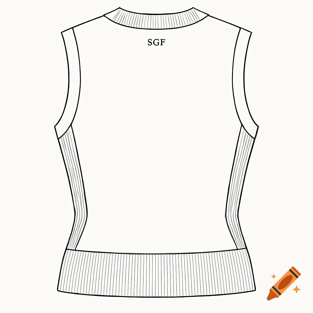 Black and white flat technical sketch of the back of a women's sweater vest with ribbed side panels, hem, and SGF embroidery.
