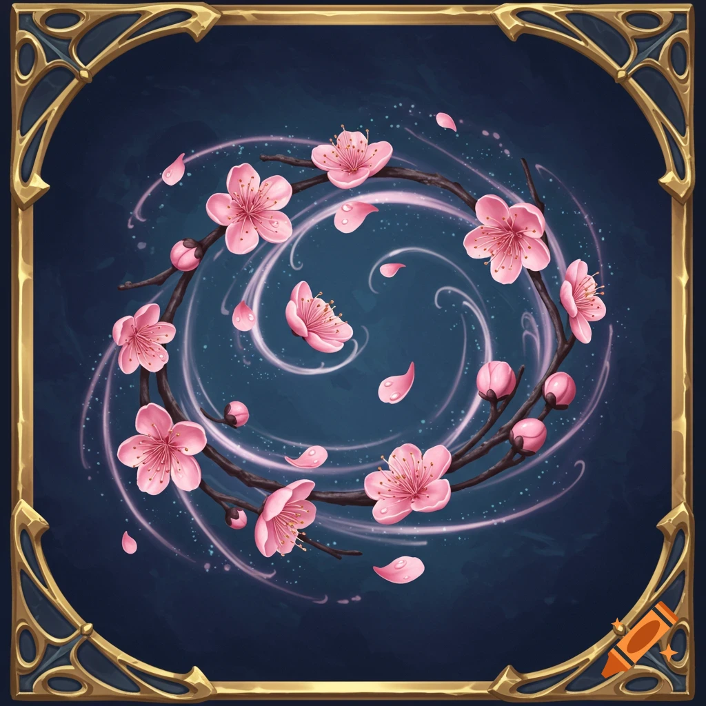 Pink plum blossoms swirl with glowing light on a dark background, framed by ornate gold, in a fantasy game icon style.