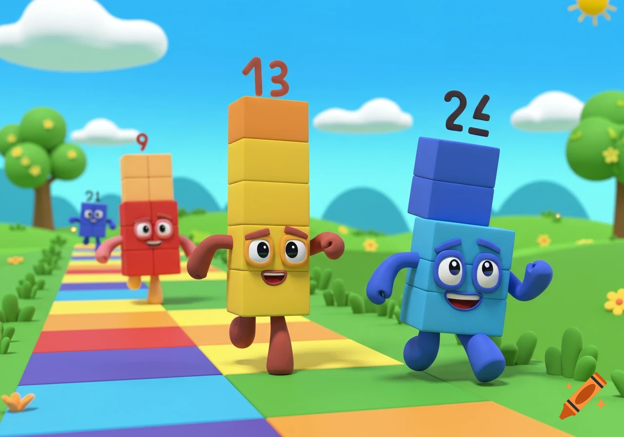 Numberblocks characters 13, 9, and 24 running on a colorful path through a green landscape under a sunny sky.