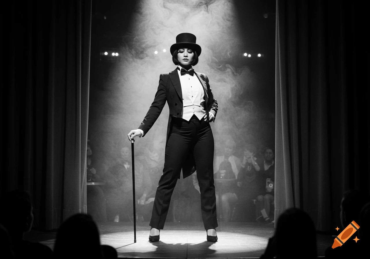 Black and white photo of a woman in a top hat and tuxedo, holding a cane on a smoky stage with spotlights.