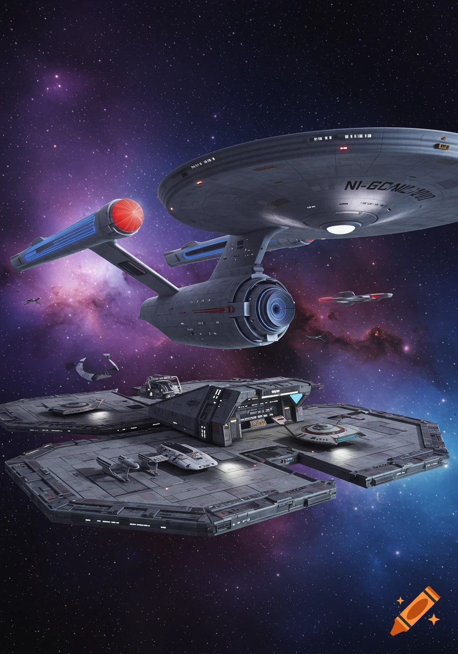 The USS Enterprise from Star Trek hovers above large landing bays in space with a vibrant nebula background.