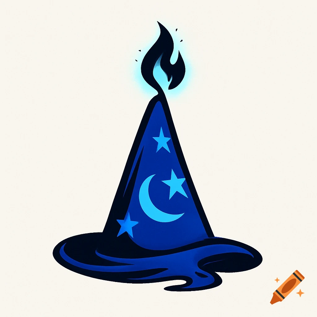 A blue wizard hat with stars and a crescent moon, topped with a glowing black flame, melting at the brim in a clean, graphic style.