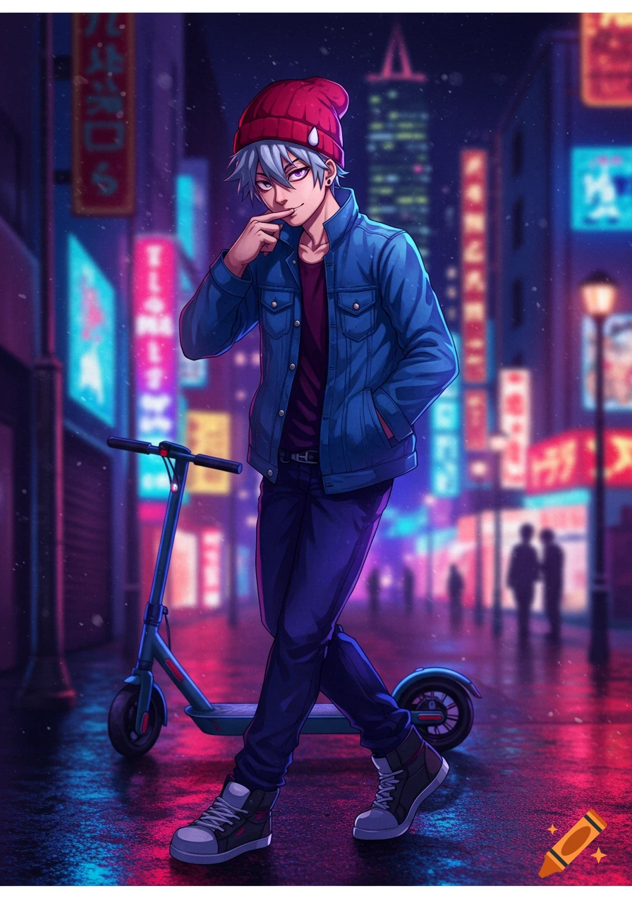 An anime boy with white hair and a red beanie stands beside a scooter on a neon-lit city street at night, his finger near his lips.