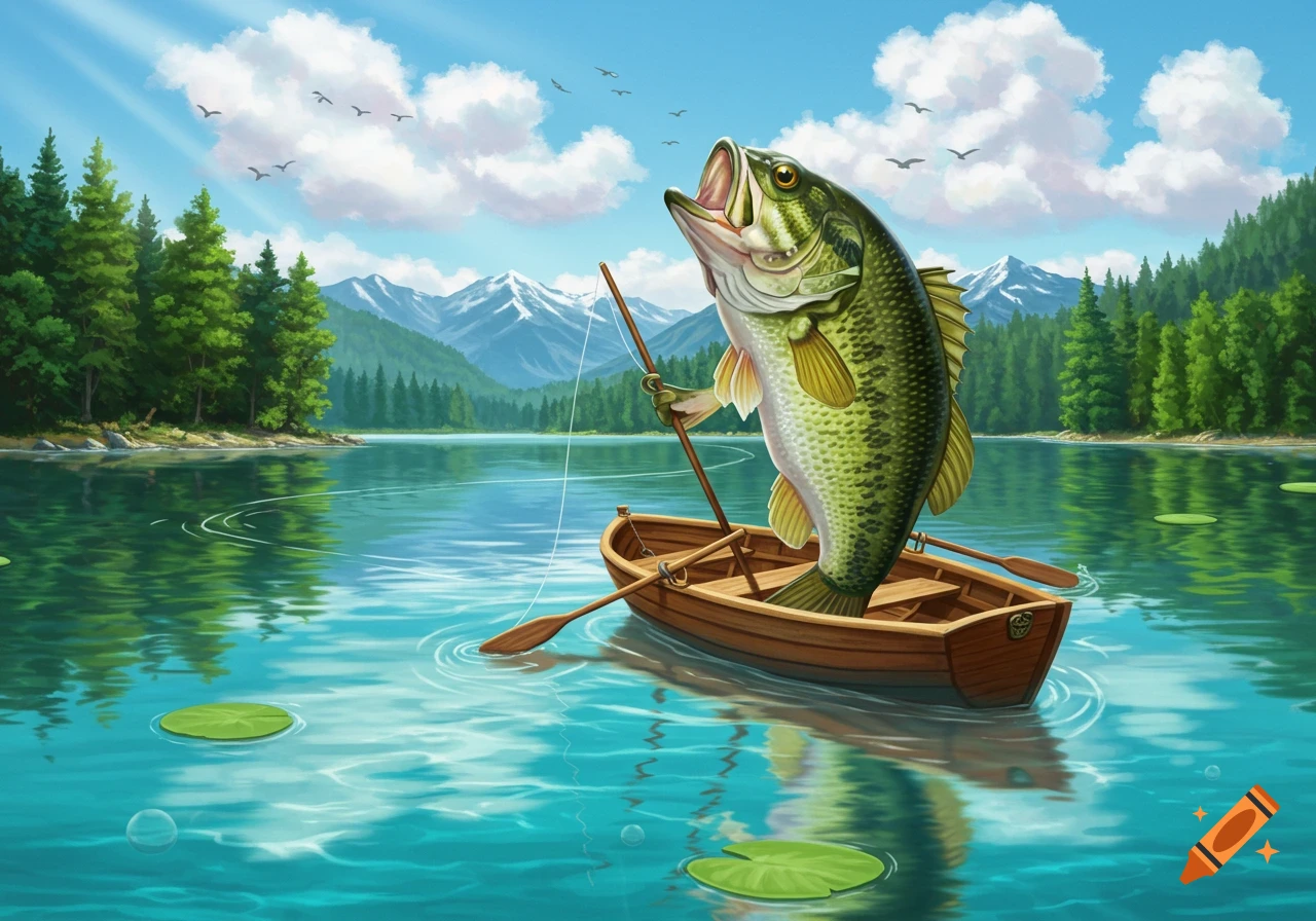 An illustration of a large bass standing in a small rowboat, holding a fishing rod, on a lake surrounded by mountains and forests.