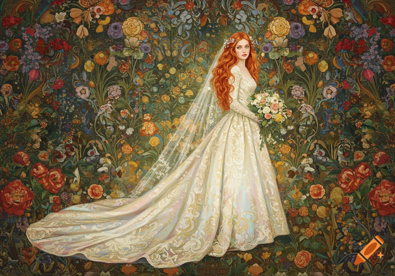A red-haired bride in an ornate white wedding gown with a veil and bouquet stands against a rich, detailed floral patterned background in a blended art style.