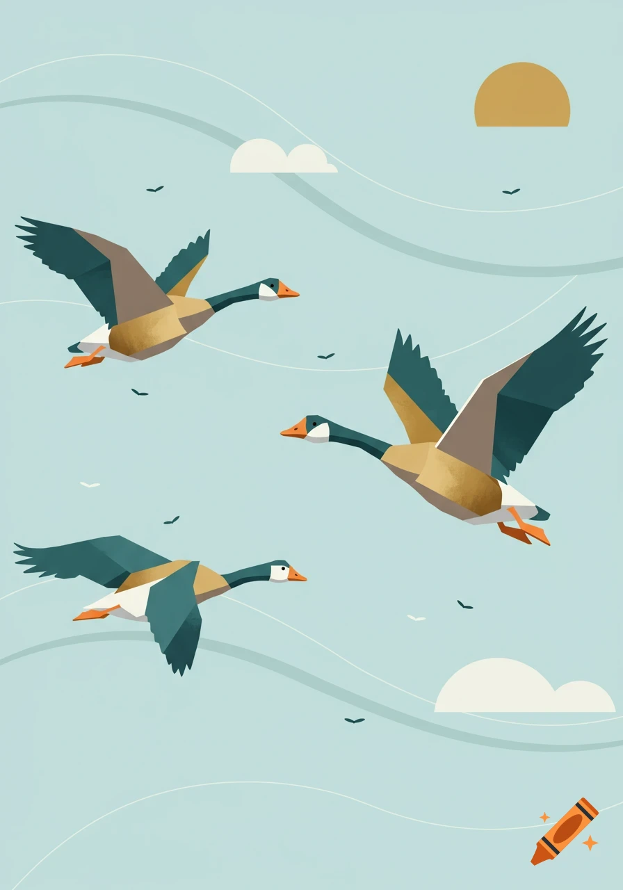 Three stylized geese fly across a light blue sky with a golden sun and white clouds.