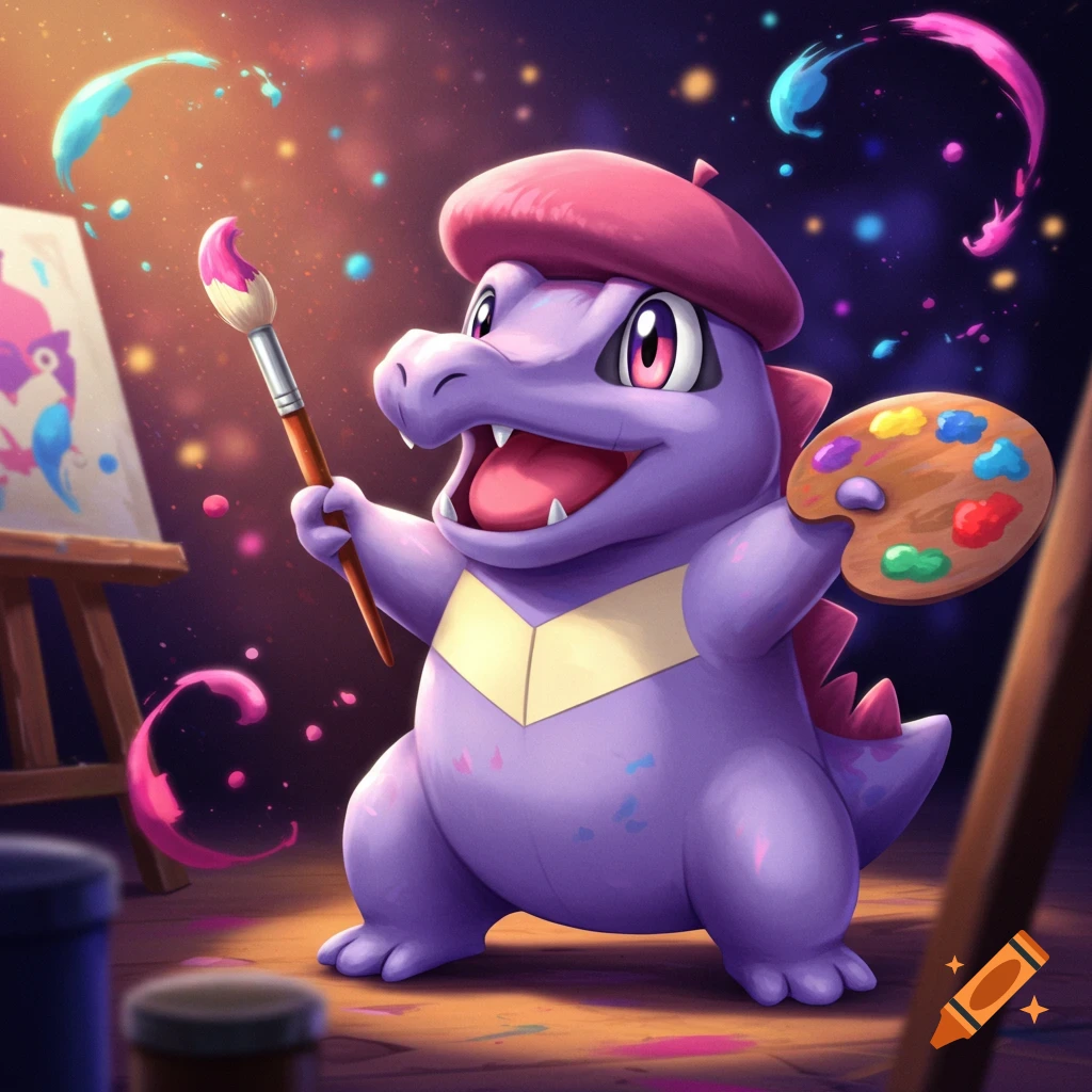 A purple Totodile wearing a pink beret holds a paintbrush and a colorful palette, standing next to an easel with paint splatters.