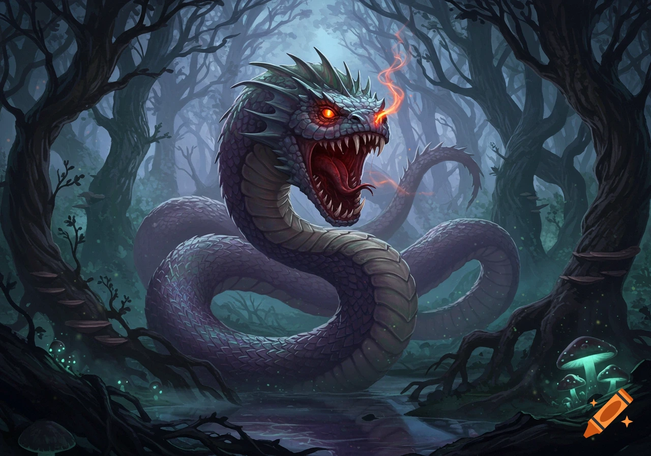A monstrous serpent-like creature with glowing red eyes and sharp fangs emerges from a dark, mystical forest with glowing flora.