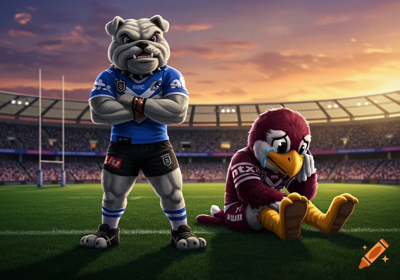 A confident bulldog mascot in a blue jersey stands over a crying bird mascot in a maroon jersey on a rugby field with a stadium in the background at sunset, in a digital illustration style.