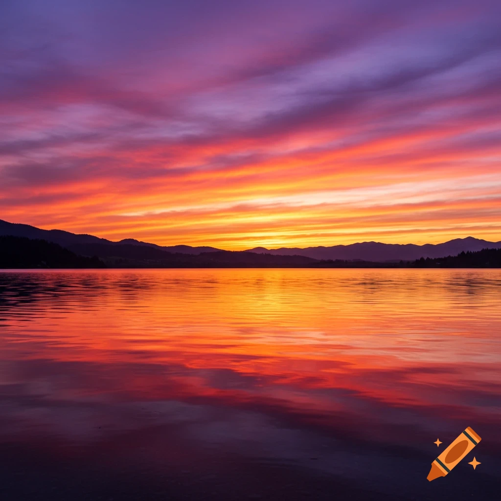 Photorealistic sunset over a calm lake with mountains in the background, vibrant orange, red, and purple sky reflected in the water.