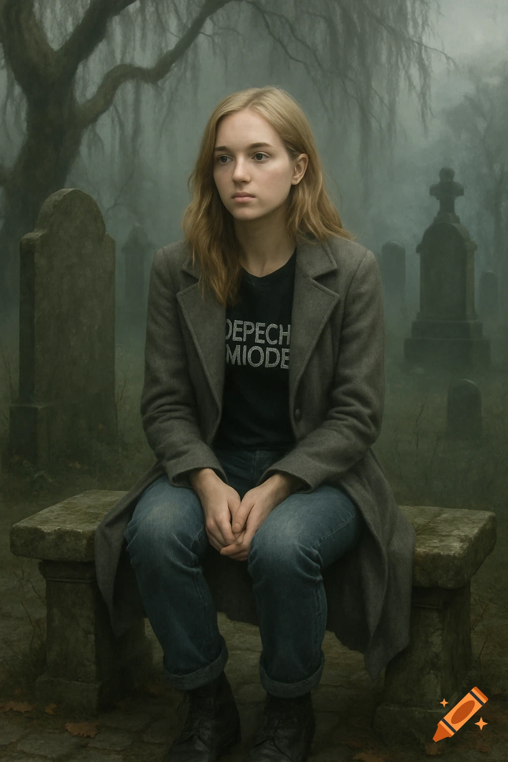 A blonde woman in a grey coat and jeans sits on a stone bench in a foggy graveyard, looking to the side.