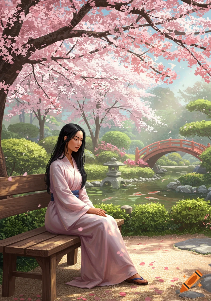 An illustration of an Asian woman in a pink kimono sitting on a bench in a beautiful Japanese cherry blossom garden with a pond and red bridge.