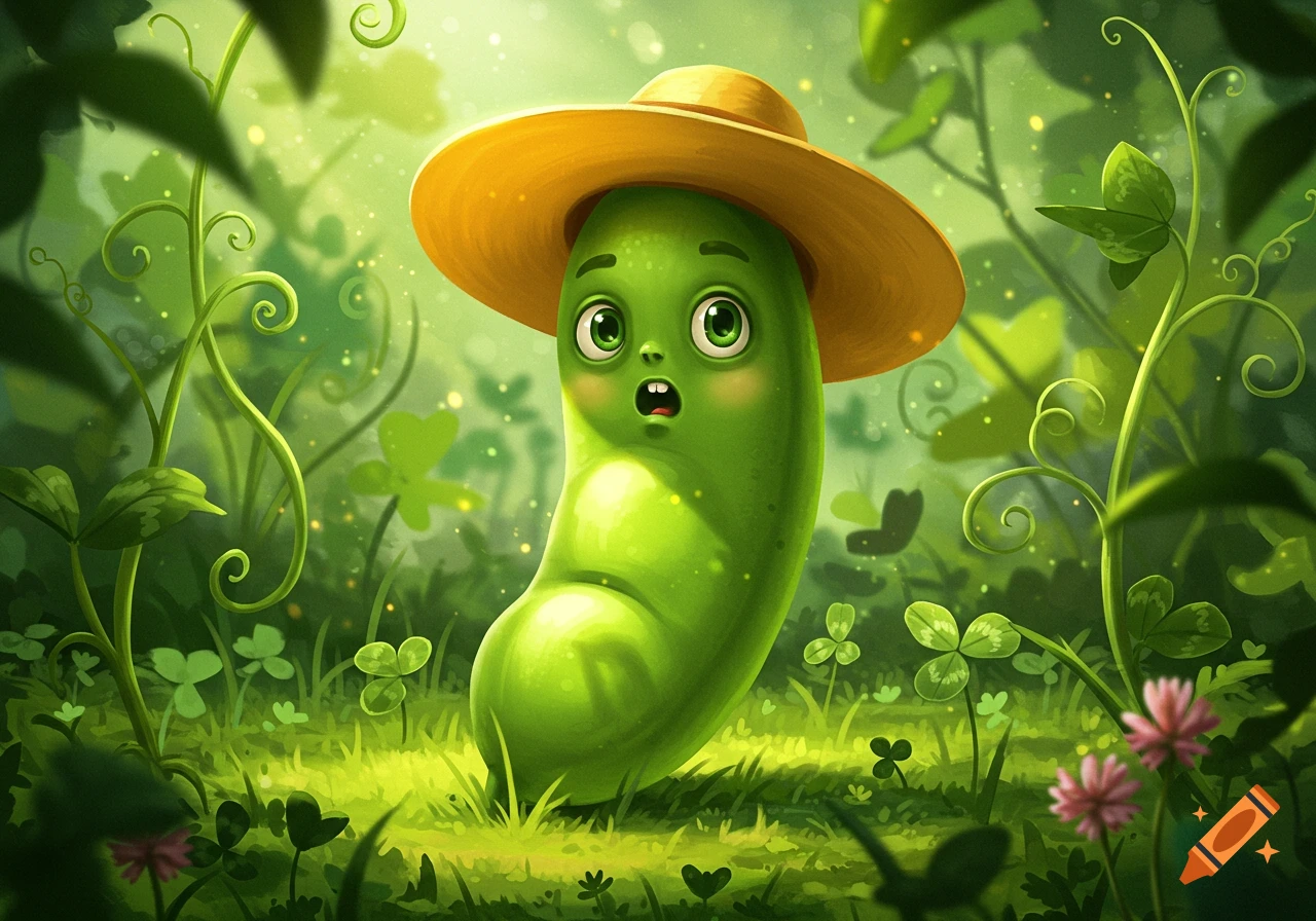 A whimsical green bean character wearing a yellow hat stands in a lush, sparkling green forest.