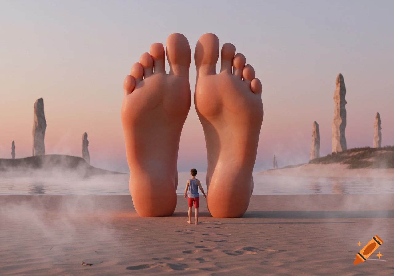 A small boy stands between two gigantic human feet on a sandy beach with rock formations and mist in the background at sunset.
