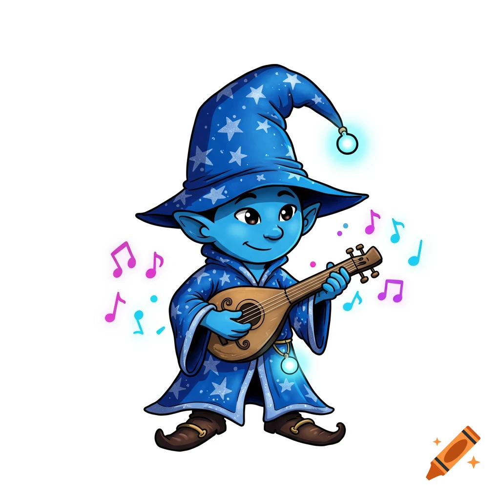 A cute blue cartoon wizard character wearing a star-covered robe and hat plays a lute with floating musical notes.