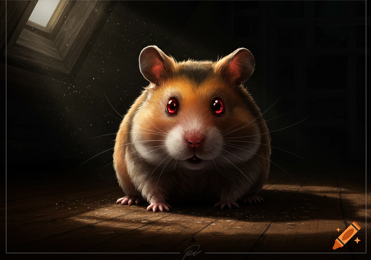 A round, brown and white hamster with glowing red eyes sits on a dark wooden floor, illuminated by light from a skylight. Digital illustration.