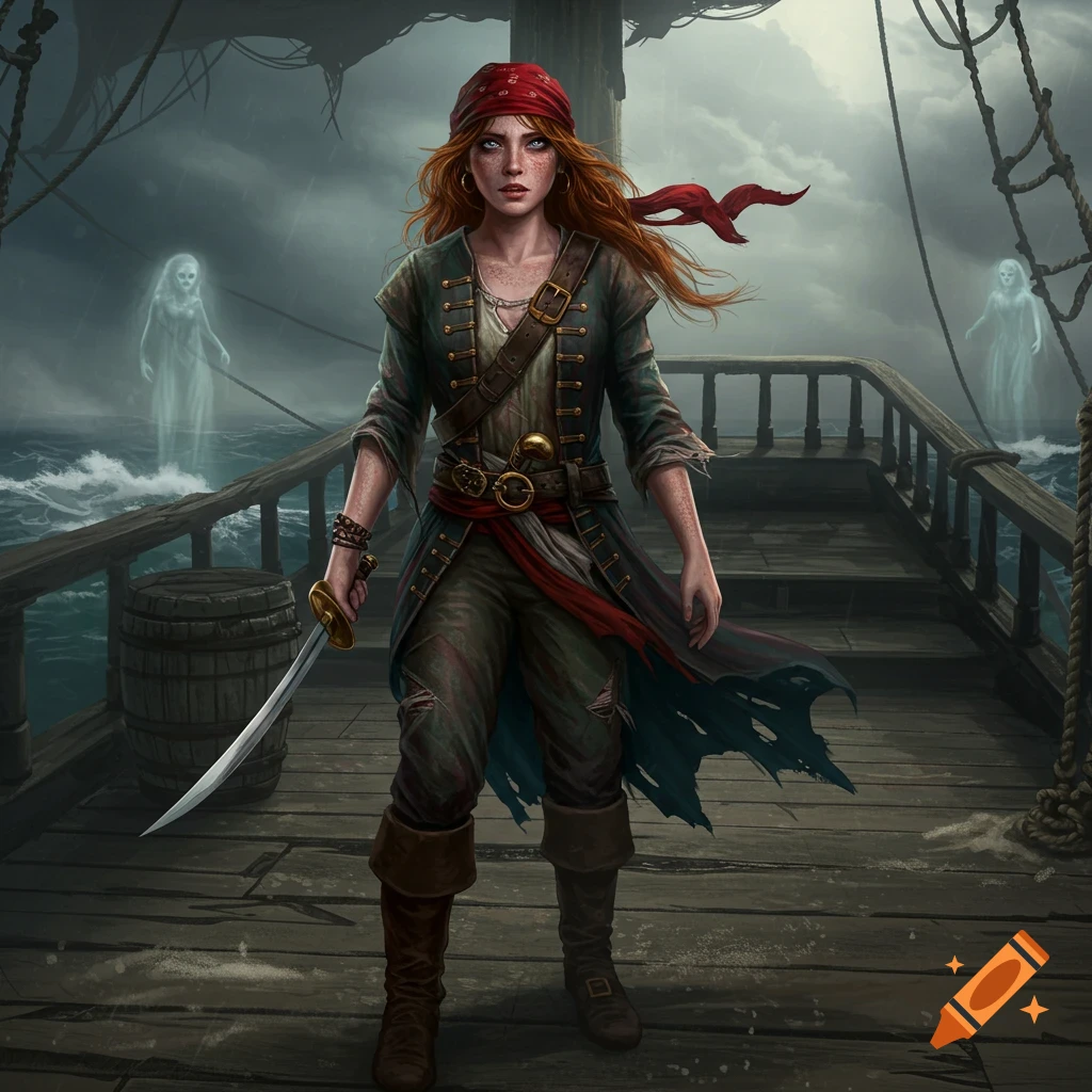 A red-haired female pirate with a sword stands on a ship deck amidst a stormy sea, with ghostly figures in the background. Digital painting.