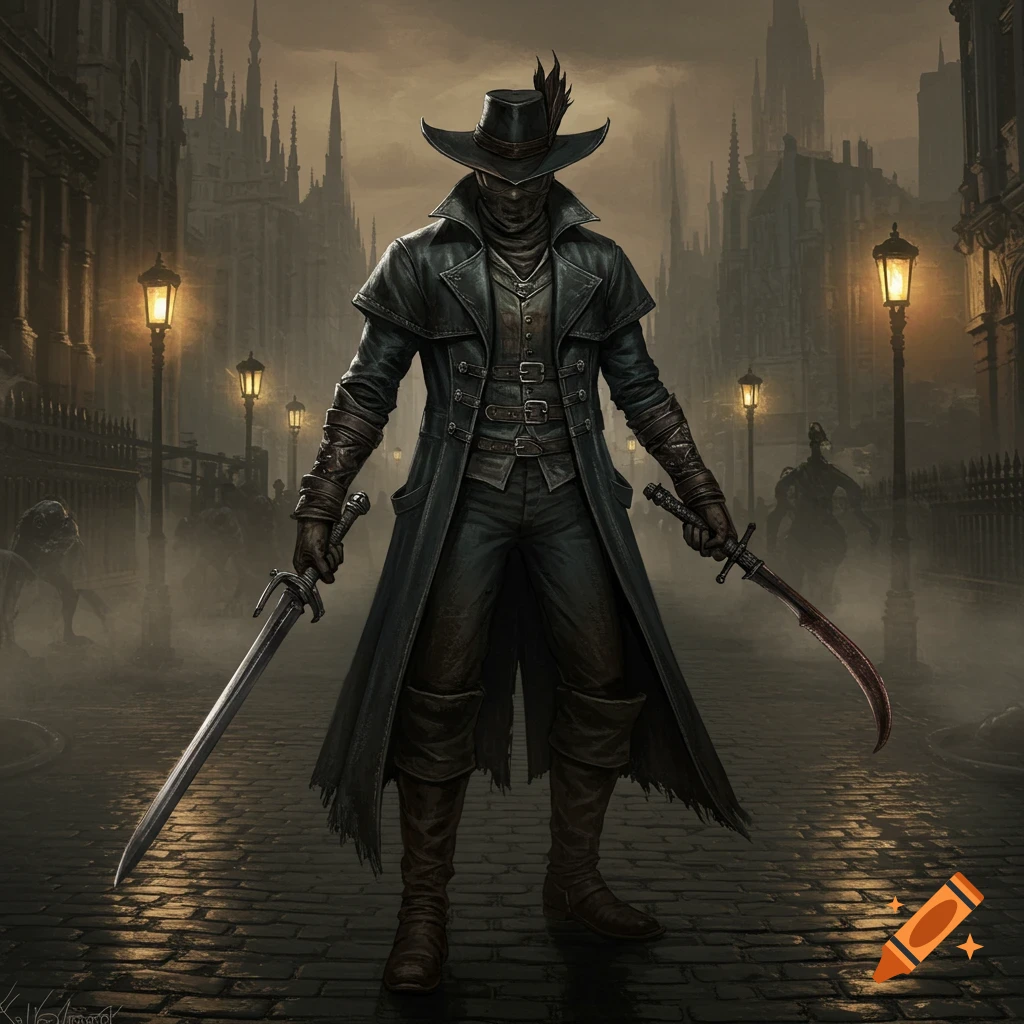 A hunter in a black coat and hat, holding two swords, stands in a foggy gothic city at night in an oil painting style.