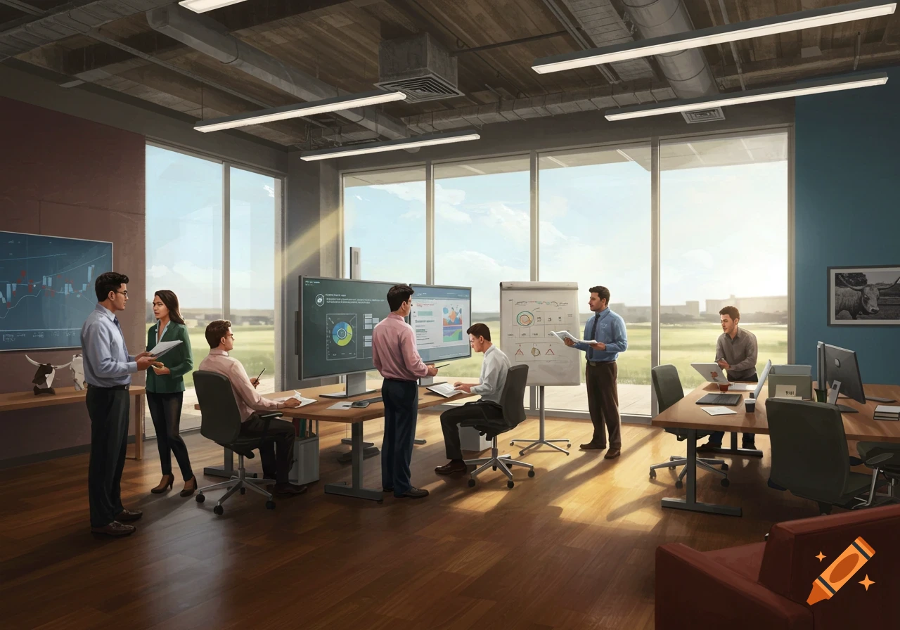 Professionals gathered in a modern office, discussing data on monitors and a whiteboard.