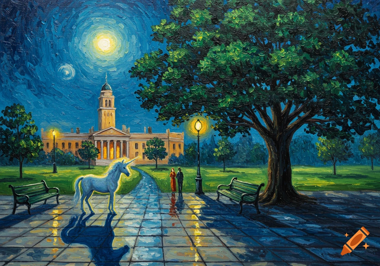 A Van Gogh-style oil painting depicts a glowing white unicorn in a moonlit park with a large building and two figures.