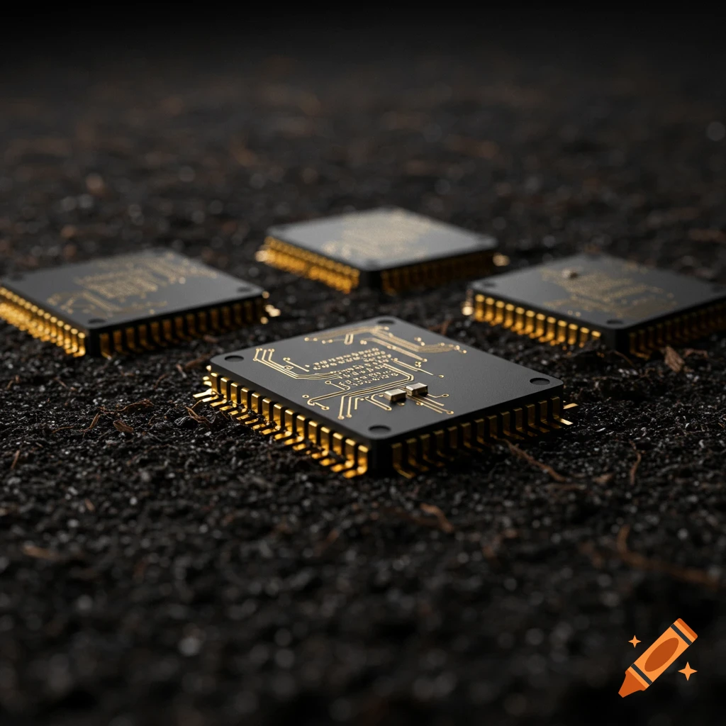 Four black and gold computer chips lie on dark, textured earth, with shallow depth of field.