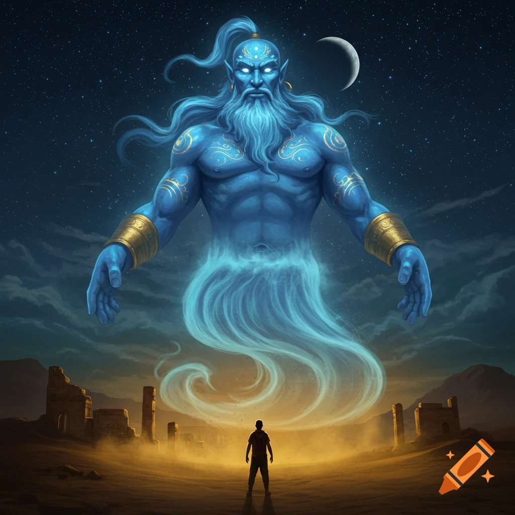 A huge blue genie with glowing eyes emerges from mist, looking down at a small human in a desert with ruins under a starry, moonlit sky.