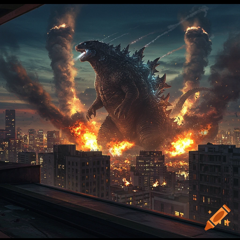 Godzilla roars amidst a burning city at dusk, viewed from a nearby building.