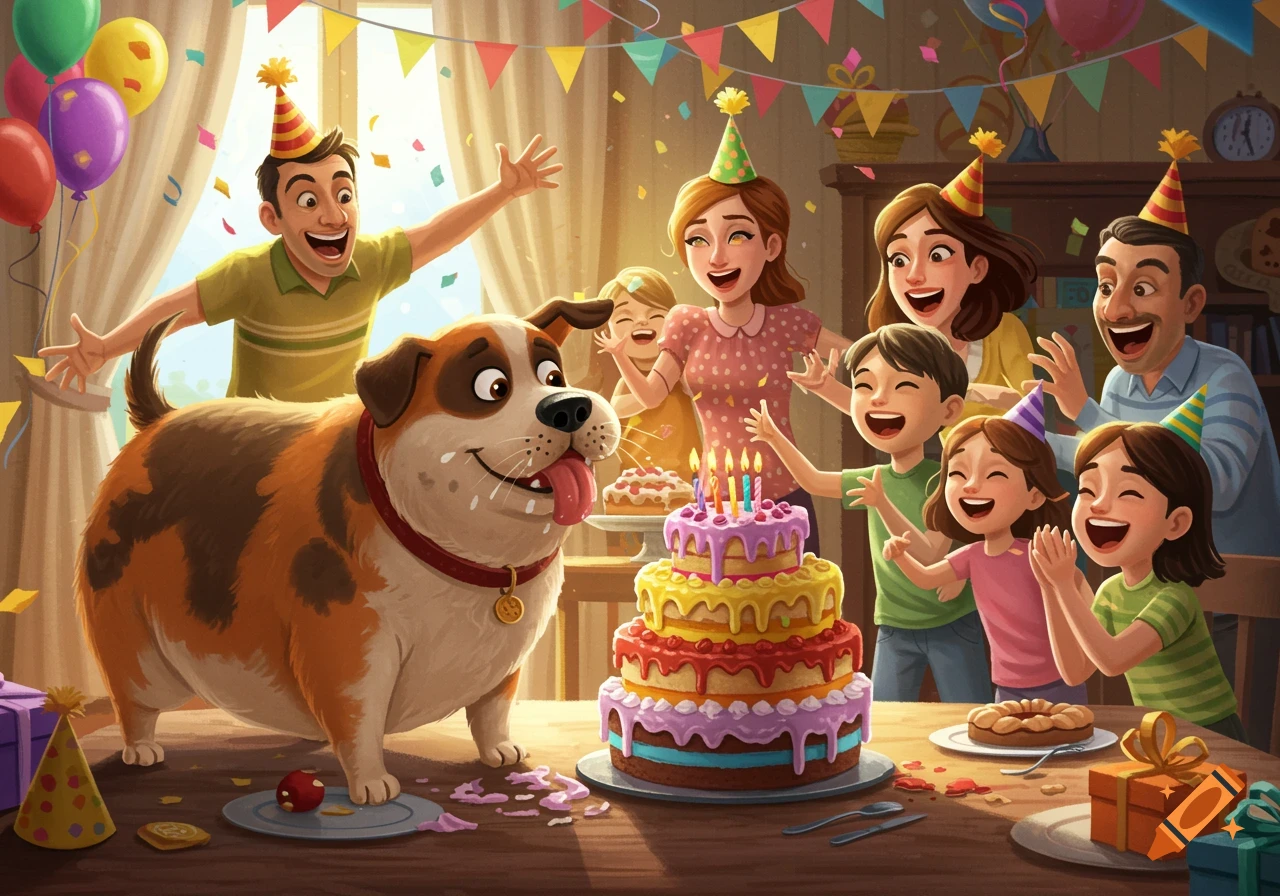 A cartoon illustration of a happy, plump dog looking at a tiered birthday cake surrounded by a joyful, shouting family at a birthday party.