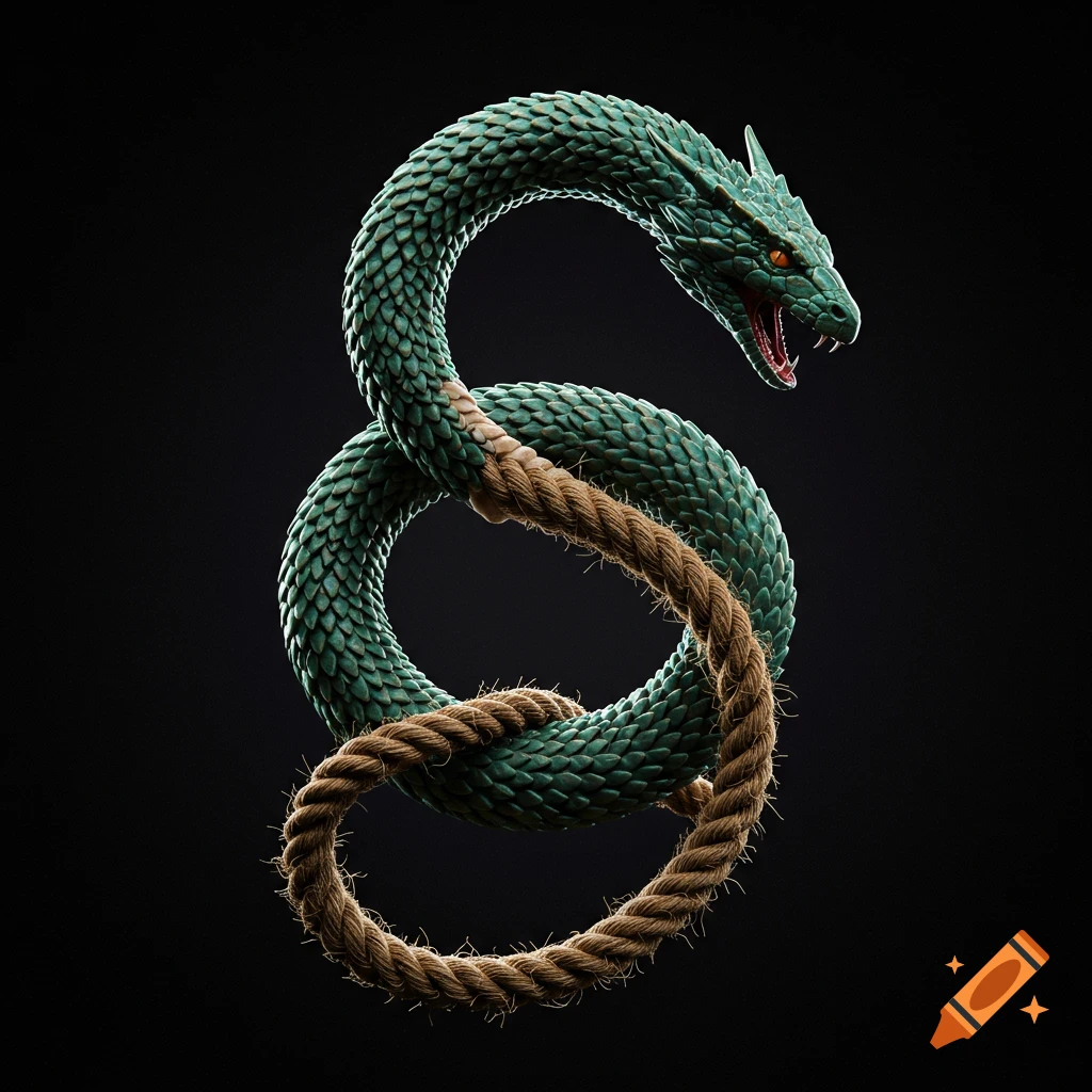 A green snake with red eyes and a menacing expression forms an S-shape, intertwined with a thick brown rope against a black background.