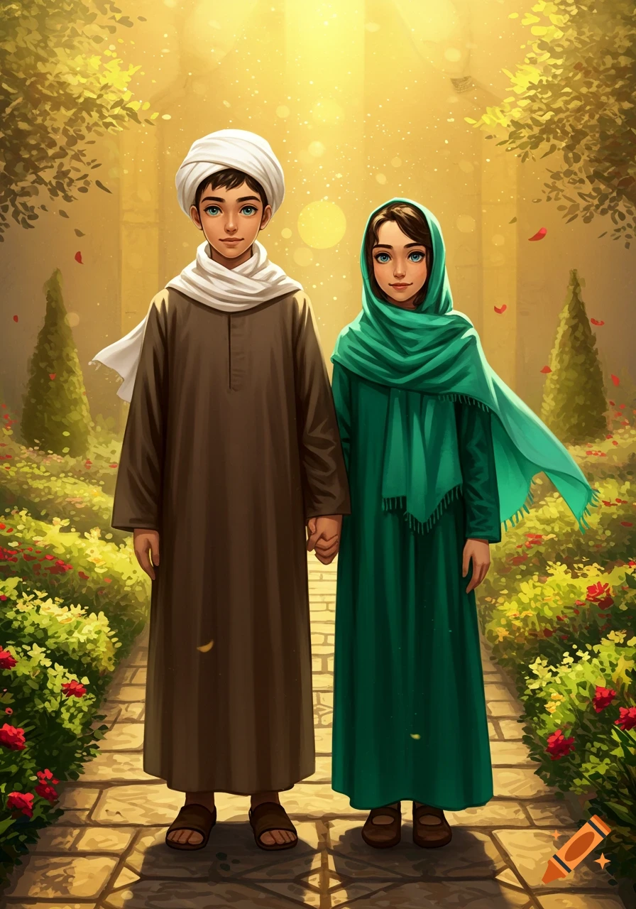 Two young children, a boy in a brown tunic and white turban, and a girl in a green dress and hijab, hold hands on a sunlit garden path. Illustrated in a vibrant, stylized art style.