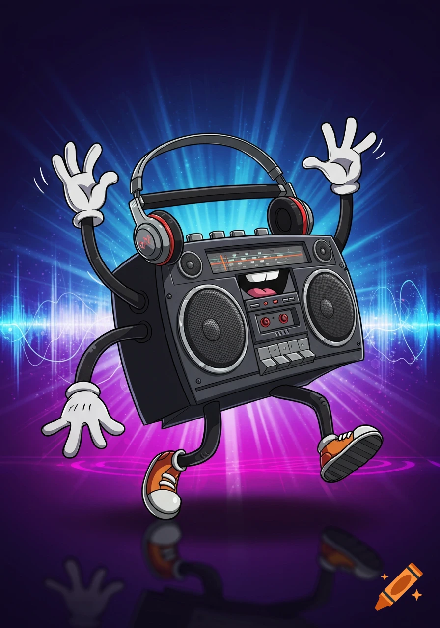 A cheerful cartoon boombox character wearing headphones and sneakers, dancing against a vibrant purple and blue background with sound waves.