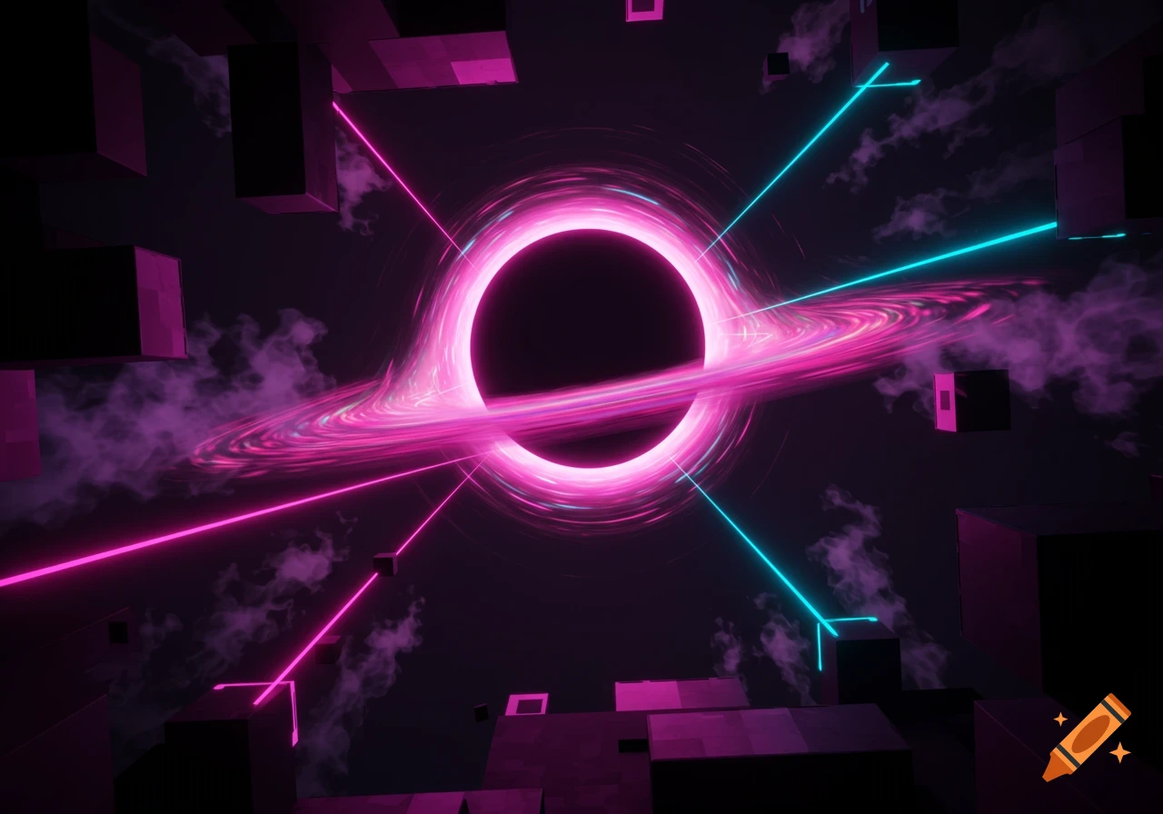 A glowing pink and purple black hole with neon lasers and geometric shapes floating in a dark, vaporwave-style space.