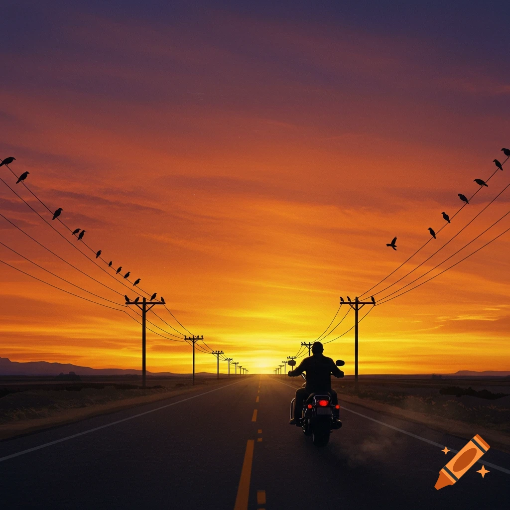A lone biker rides on a long road at sunset, with power lines and birds silhouetted against the vibrant orange and purple sky.