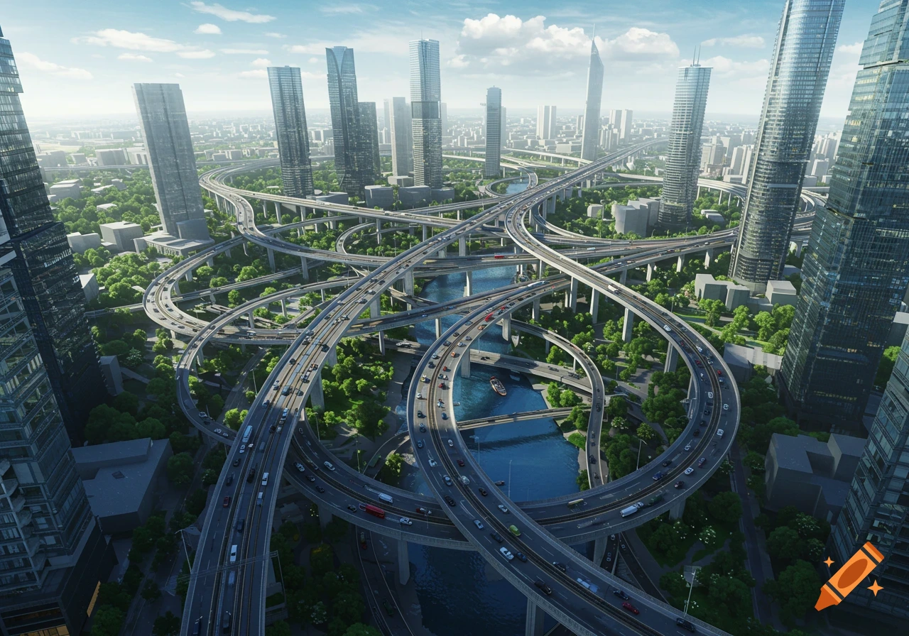 Aerial view of a complex urban interchange with multiple elevated highways, skyscrapers, and a river.