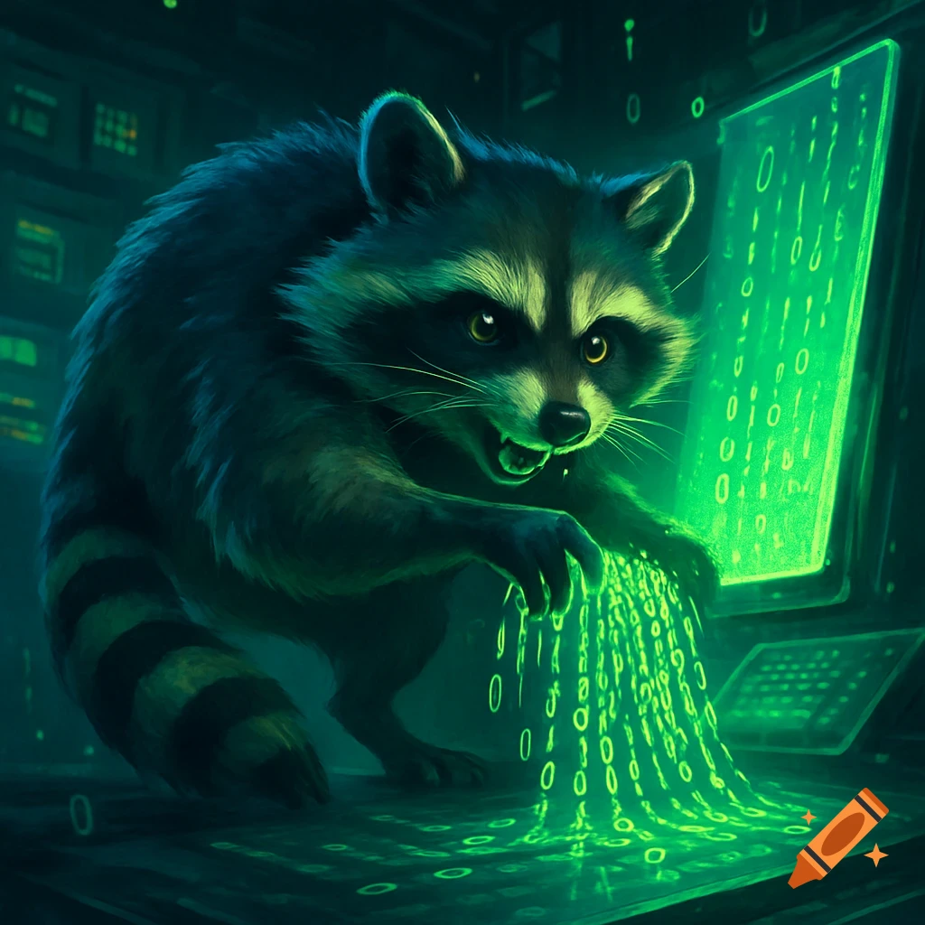A green-lit digital art image shows an angry raccoon with yellow eyes manipulating glowing green binary code flowing from a monitor onto a keyboard.