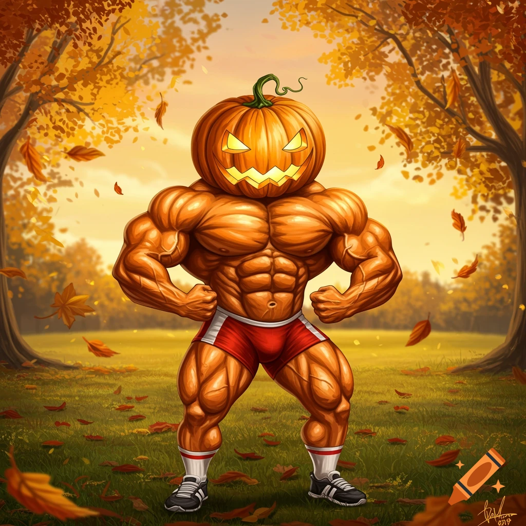 A muscular bodybuilder with a jack-o'-lantern pumpkin head poses in an autumn forest with falling orange leaves.