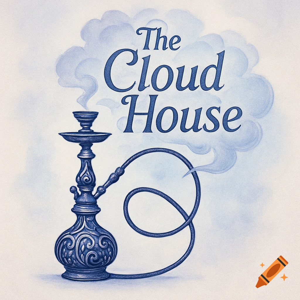 An illustration of a blue shisha pipe with smoke forming the words 'The Cloud House' against a light background.